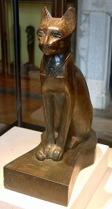 A bronze statue of the cat goddess Bastet.