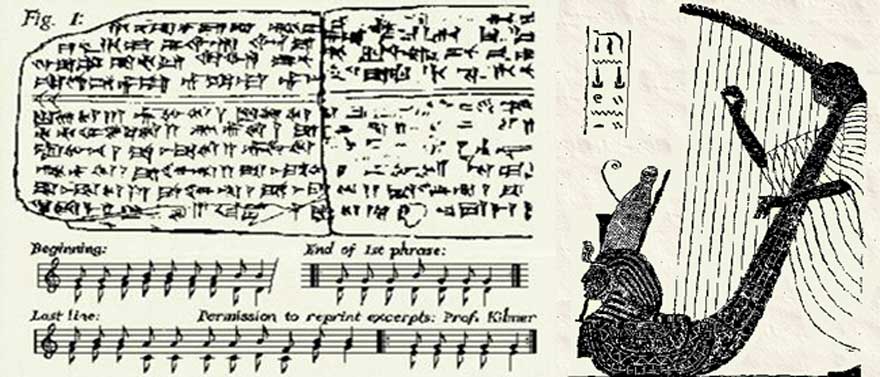 A drawing of one side of the tablet on which the hymn is inscribed. The song is a cult hymn that was discovered on a set of tablets found in the ancient Syrian city of Ugarit in the early 1950s. The top part of the tablet contained the words and the bottom half was instructions for playing the music