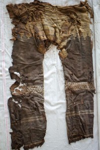 The woolen trousers are another record-setter: the world’s oldest known pants. They were found in the grave of a nomadic herdsman buried 3,000 or so years ago in what is now western China, and may have been invented for horseback riding.    PHOTOGRAPH BY GERMAN ARCHAEOLOGICAL INSTITUTE (DAI)
